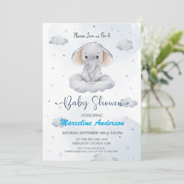 Invitation de Baby shower bleu d'éléphant nuage (Debout devant)
