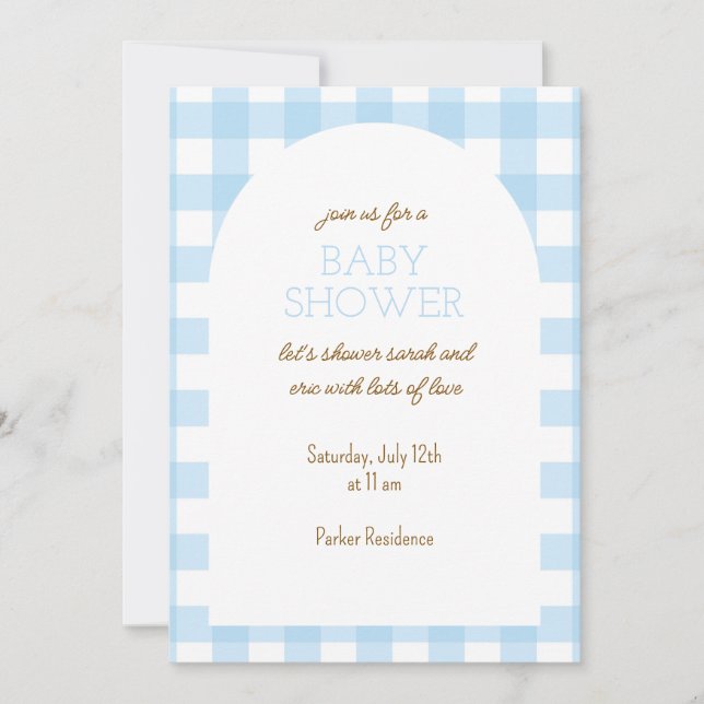 Invitation de Baby shower bleu En vichy simple (Devant)