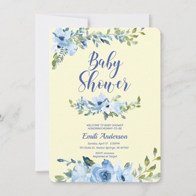 Invitation de baby shower bleu et jaune poussiéreu (Devant)