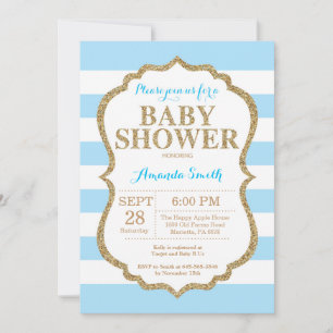 Invitation de Baby Shower Bleu et Or avec Paillett