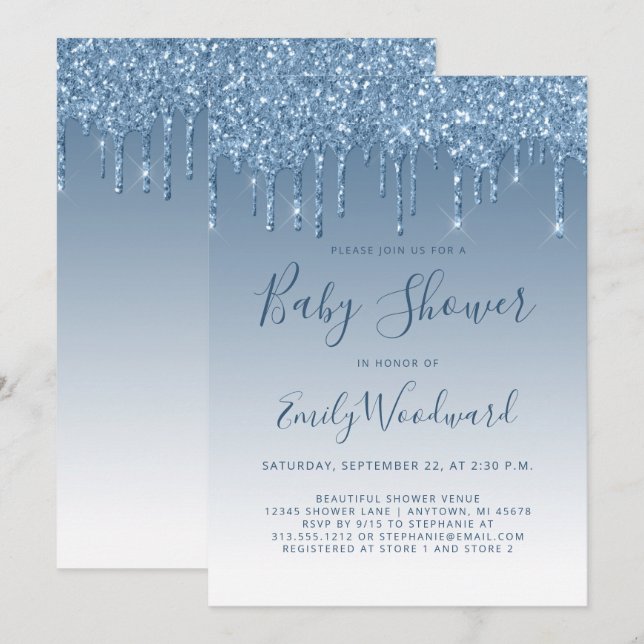 Invitation de Baby shower bleu parties scintillant (Devant / Derrière)