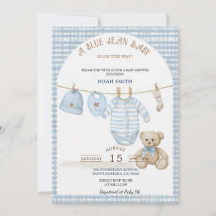 Invitation de Baby Shower Blue Jean Tissu Gingha