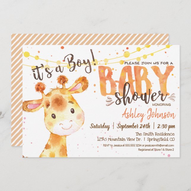 Invitation de Baby shower Boy Giraffe (Devant / Derrière)