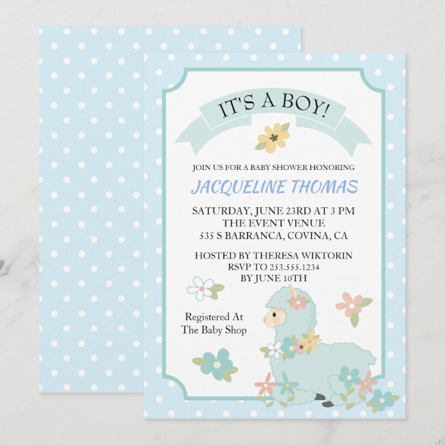 Invitation de Baby shower Boy Llama (Devant / Derrière)