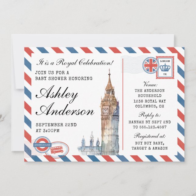 Invitation de Baby shower britannique à Londres (Devant)