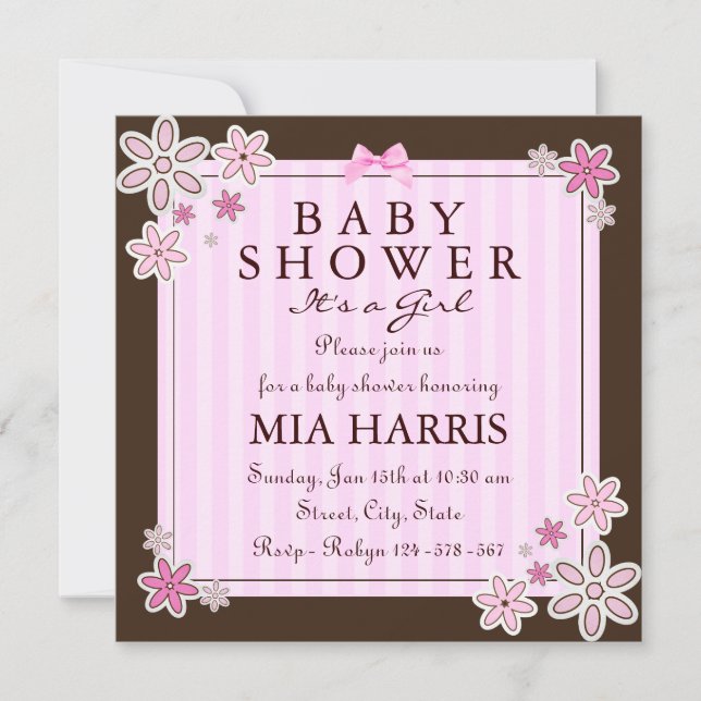 Invitation de Baby shower Brown et rose fleur (Devant)