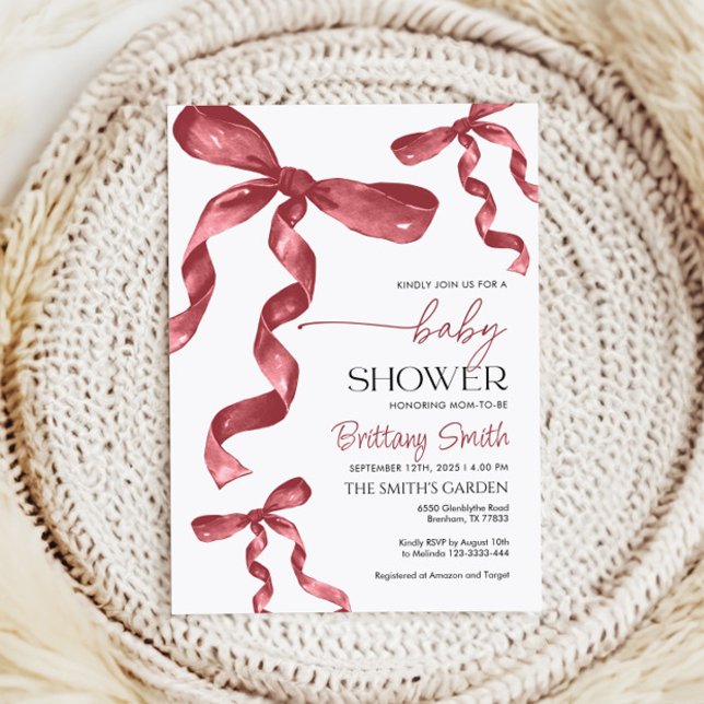 Invitation de baby shower Burgundy Bow (Créateur téléchargé)