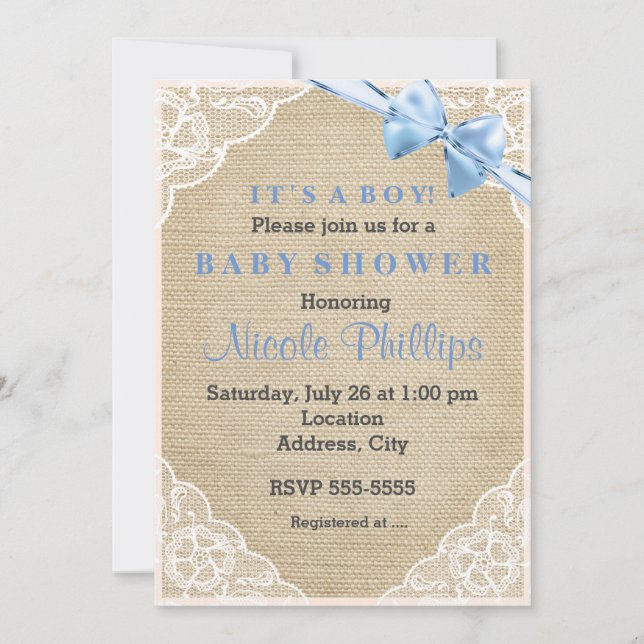 Invitation de Baby shower Burlap Lace & Blue Bow (Devant)