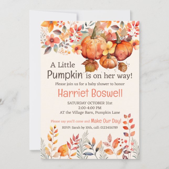 Invitation de Baby shower Citrouille, ÉDITABLE (Devant)