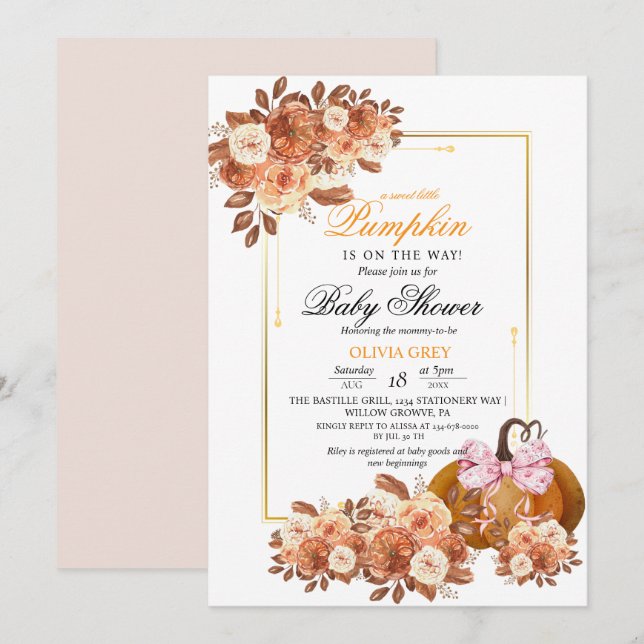 Invitation de Baby shower Citrouille Floral Or (Devant / Derrière)