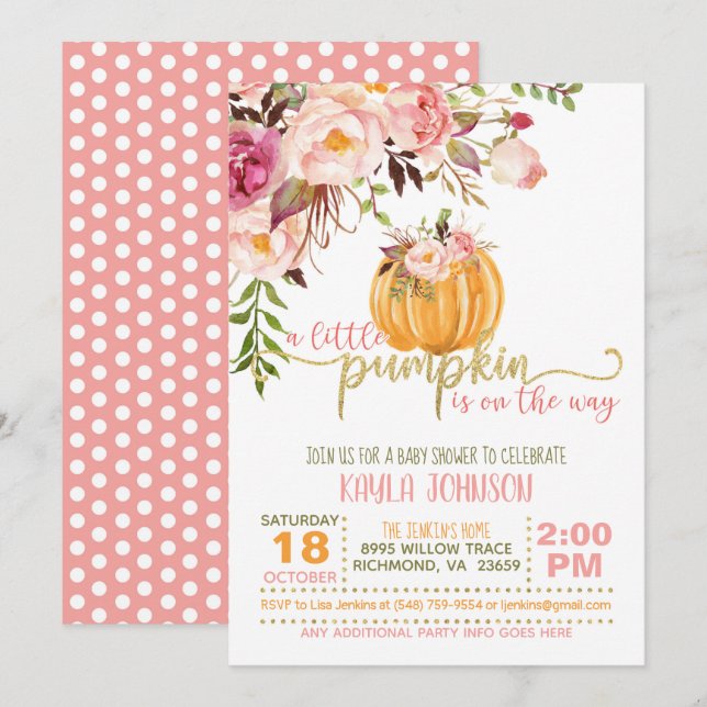 Invitation de Baby shower citrouille - Points Rose (Devant / Derrière)
