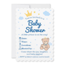 Invitation de Baby Shower Couronne Bleue & Or pour