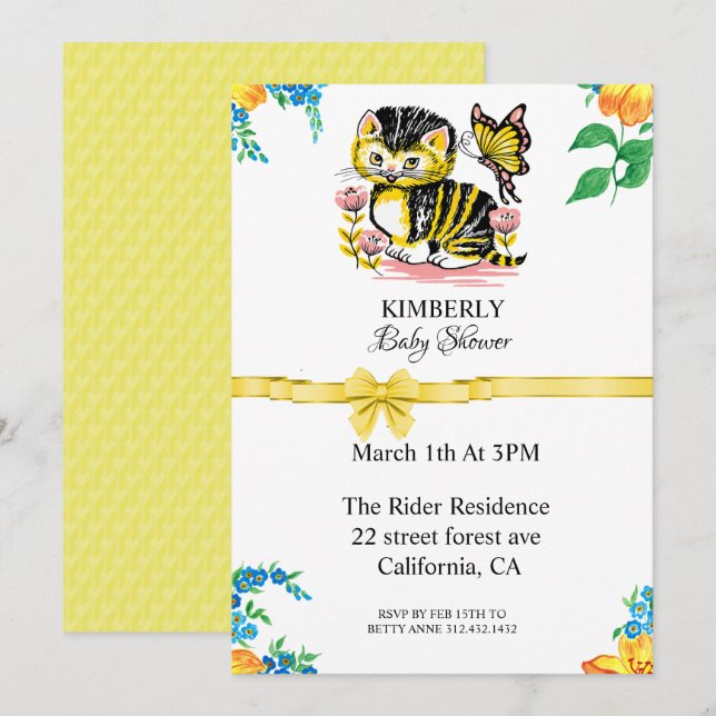 Invitation De Baby shower Cute Cat Et Papillon (Devant / Derrière)