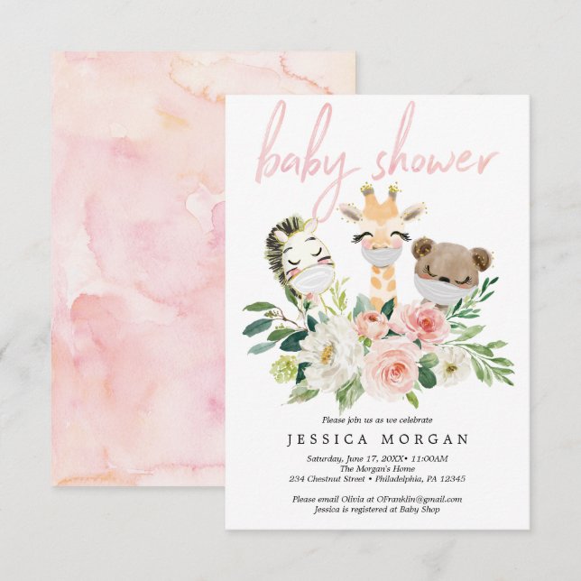 Invitation de Baby shower d'animaux bleus (Devant / Derrière)