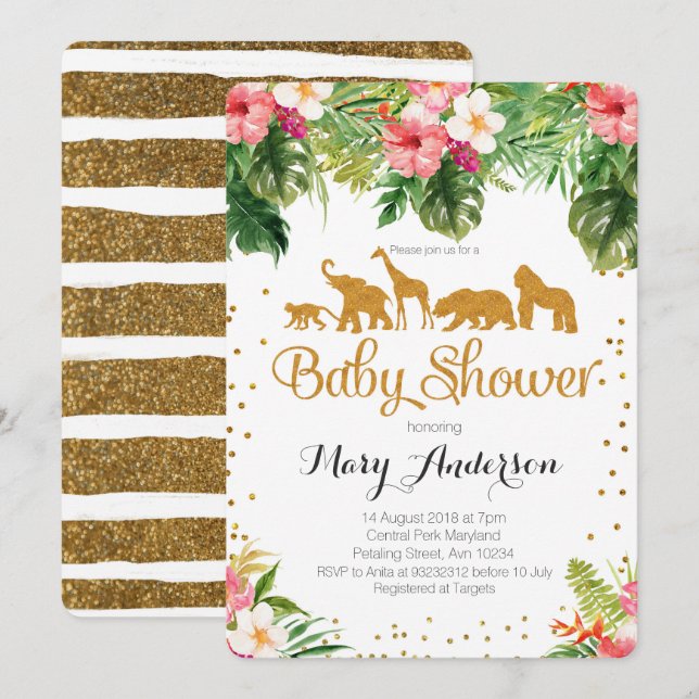 Invitation de baby shower d'animaux de safari (Devant / Derrière)