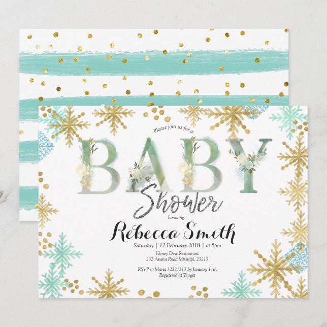 Invitation de Baby shower d'aquarelle verte à la m (Devant / Derrière)