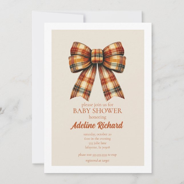 Invitation de Baby shower d'automne Plaid Bow (Devant)