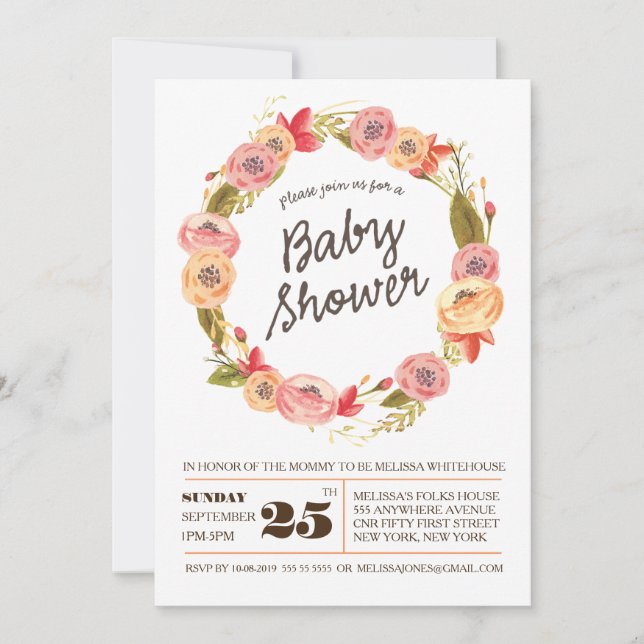 Invitation de Baby shower de  à couronne florale R (Devant)