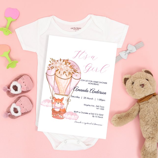 Invitation de Baby shower de ballon Renard Rose Gi (Pink Girl Fox Balloon Baby Shower Invite)