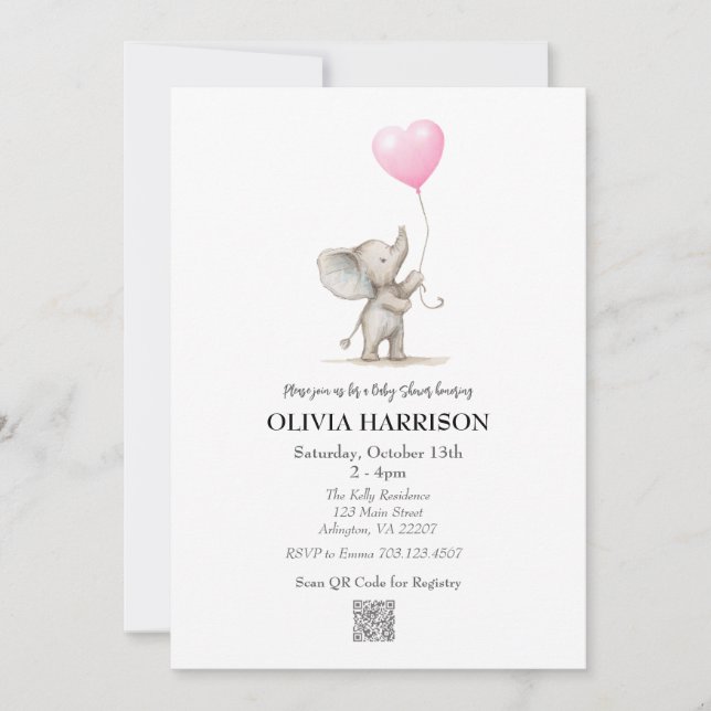 Invitation de Baby shower de ballon rose éléphant (Devant)
