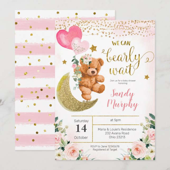 Invitation de Baby shower de ballon rose ours Tedd (Devant / Derrière)