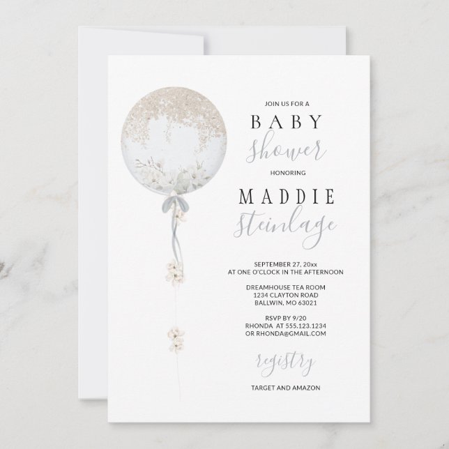 Invitation de Baby shower de ballons floraux sur m (Devant)