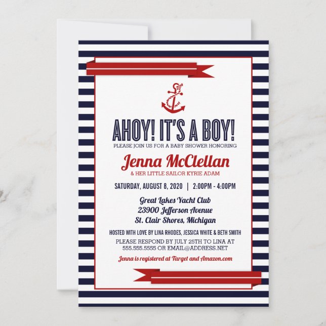 Invitation de Baby shower de bande et d'Ancres nau (Devant)