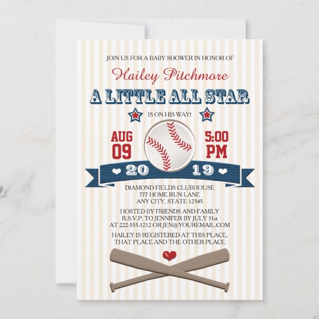 INVITATION DE BABY SHOWER DE BASE-BALL D'ALL STAR (Devant)