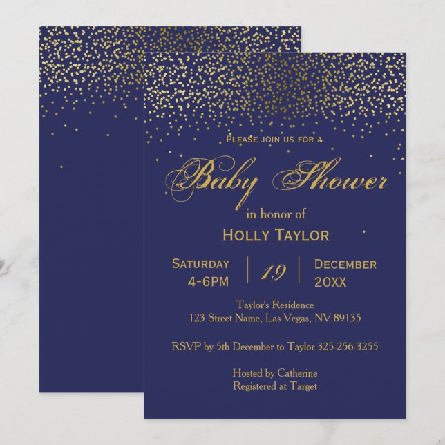 Invitation de baby shower de bleu royal et d'or (Devant / Derrière)