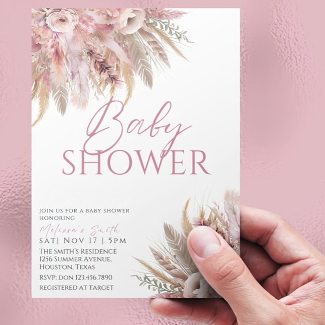 Invitation de Baby shower de Boho Rose, Pampas (Créateur téléchargé)