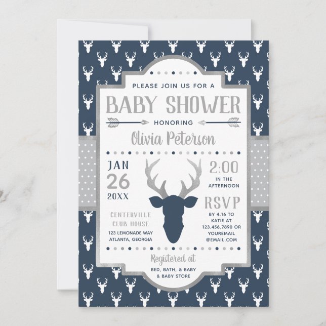 Invitation de Baby shower de bois, Marine, Grey (Devant)