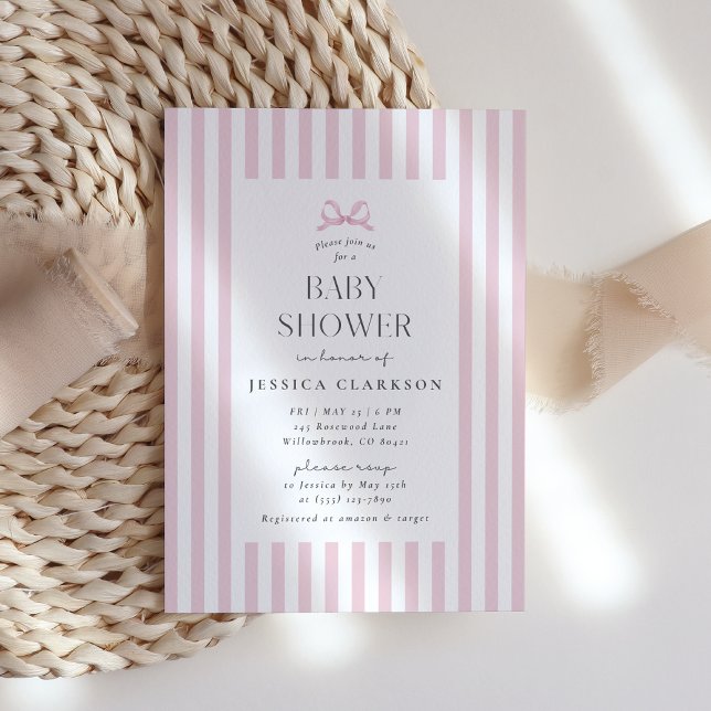 Invitation de Baby shower de Bow rayé rose (Créateur téléchargé)
