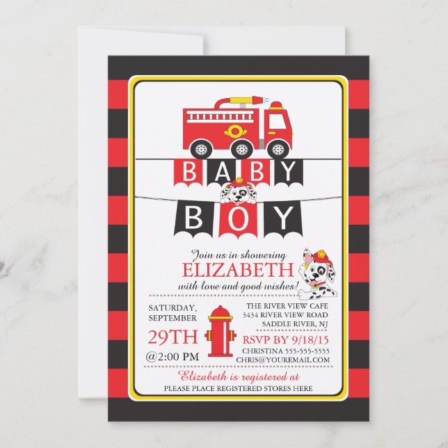 Invitation de Baby shower de camion feu mou (Devant)
