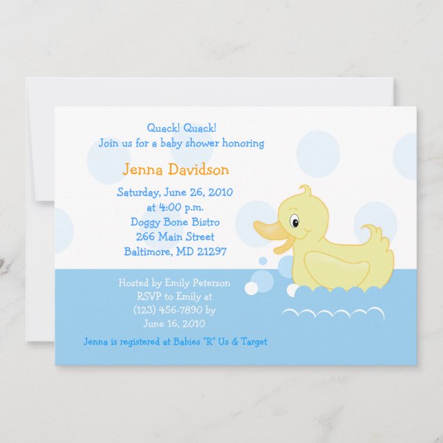Invitation de Baby shower de canard à éclaboussure (Devant)