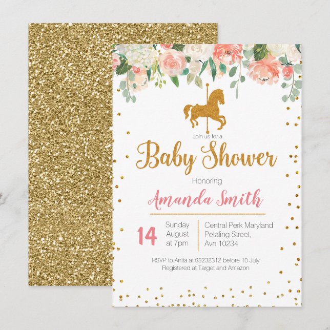 Invitation de baby shower de cheval de carrousel (Devant / Derrière)