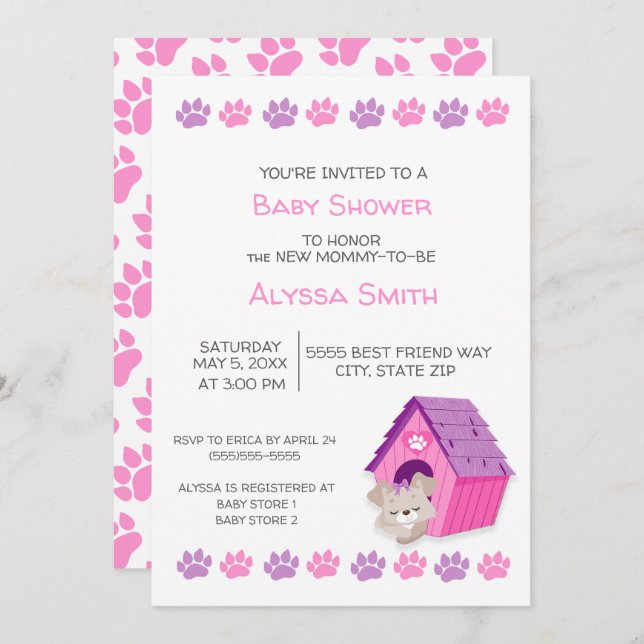 Invitation de Baby shower de chien chiot rose mign (Devant / Derrière)