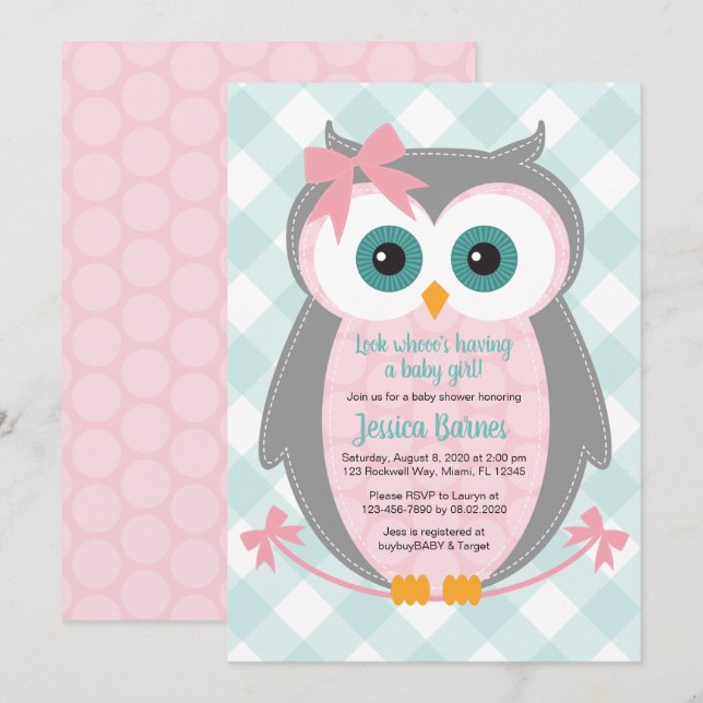 Invitation de baby shower de chouette menthe rose (Devant / Derrière)
