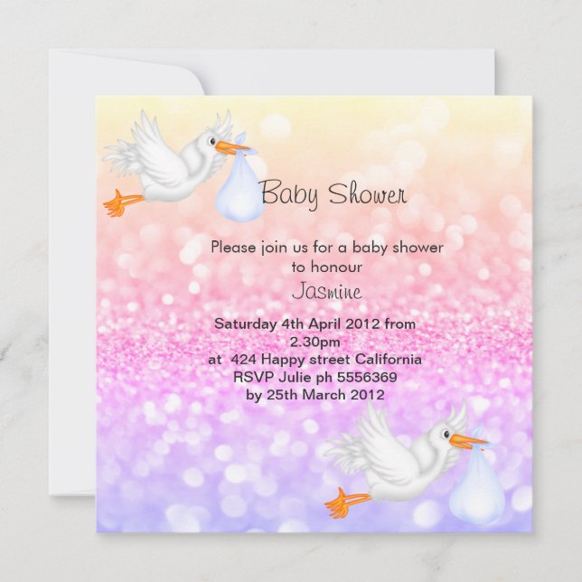 Invitation de baby shower de cigogne pastel (Devant)