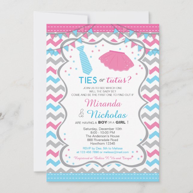 Invitation de baby shower de cravates ou de tutus (Devant)