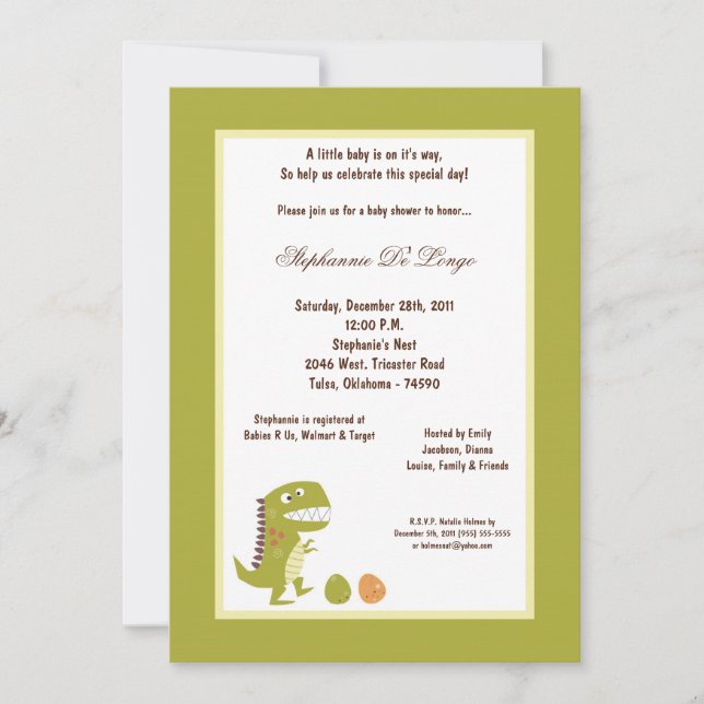 Invitation de Baby shower de dinosaures 5x7 (Devant)