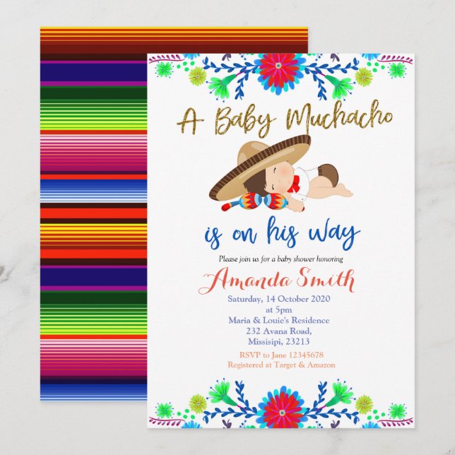 Invitation de Baby shower de Fiesta Muchacho MEXIC (Devant / Derrière)