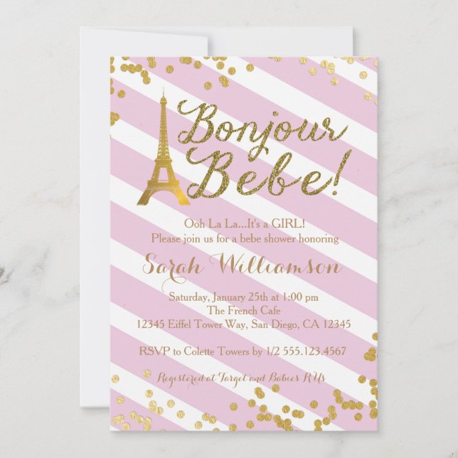 Invitation de baby shower de fille de Bonjour Bebe (Devant)