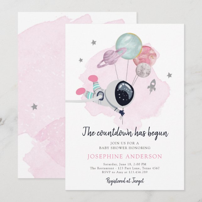 Invitation de Baby shower de fille de l'astronaute (Devant / Derrière)