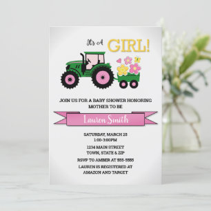 Invitation de Baby shower de fille de tracteur, Tr