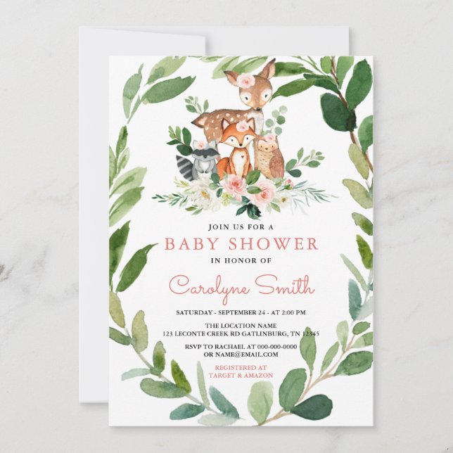Invitation de Baby shower de fille de Woodland Bab (Devant)