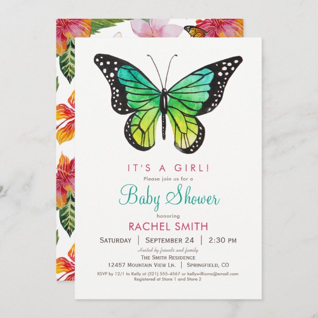 Invitation de Baby shower de fille papillon tropic (Devant / Derrière)