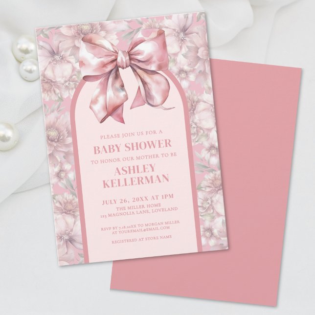 Invitation de Baby shower de fille rose bow floral (Floral Bow Pink Girl Baby Shower Invitation)