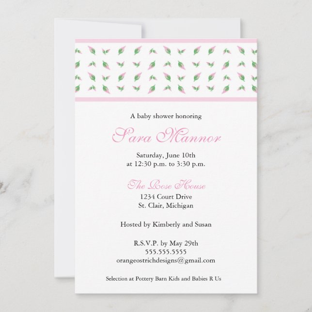 Invitation de baby shower de fille - Rosebud (Devant)