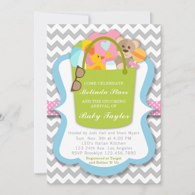 Invitation de Baby shower de fille - seau de chose (Devant)