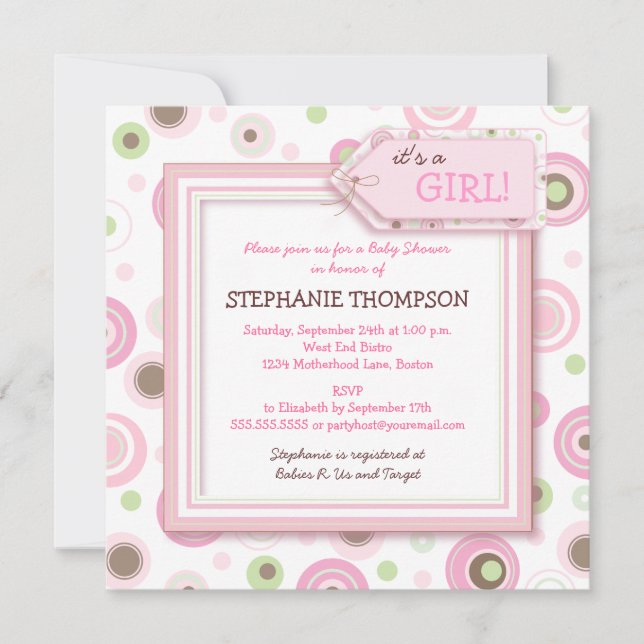 Invitation de Baby shower de filles aux joyeux poi (Devant)